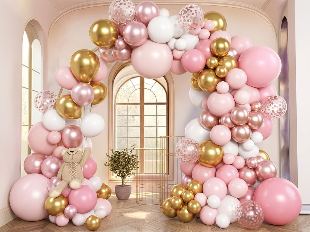 Elegant pink, gold and white balloon arch with confetti balloons — custom balloon décor by CSCIMPRINTS St. Cloud FL