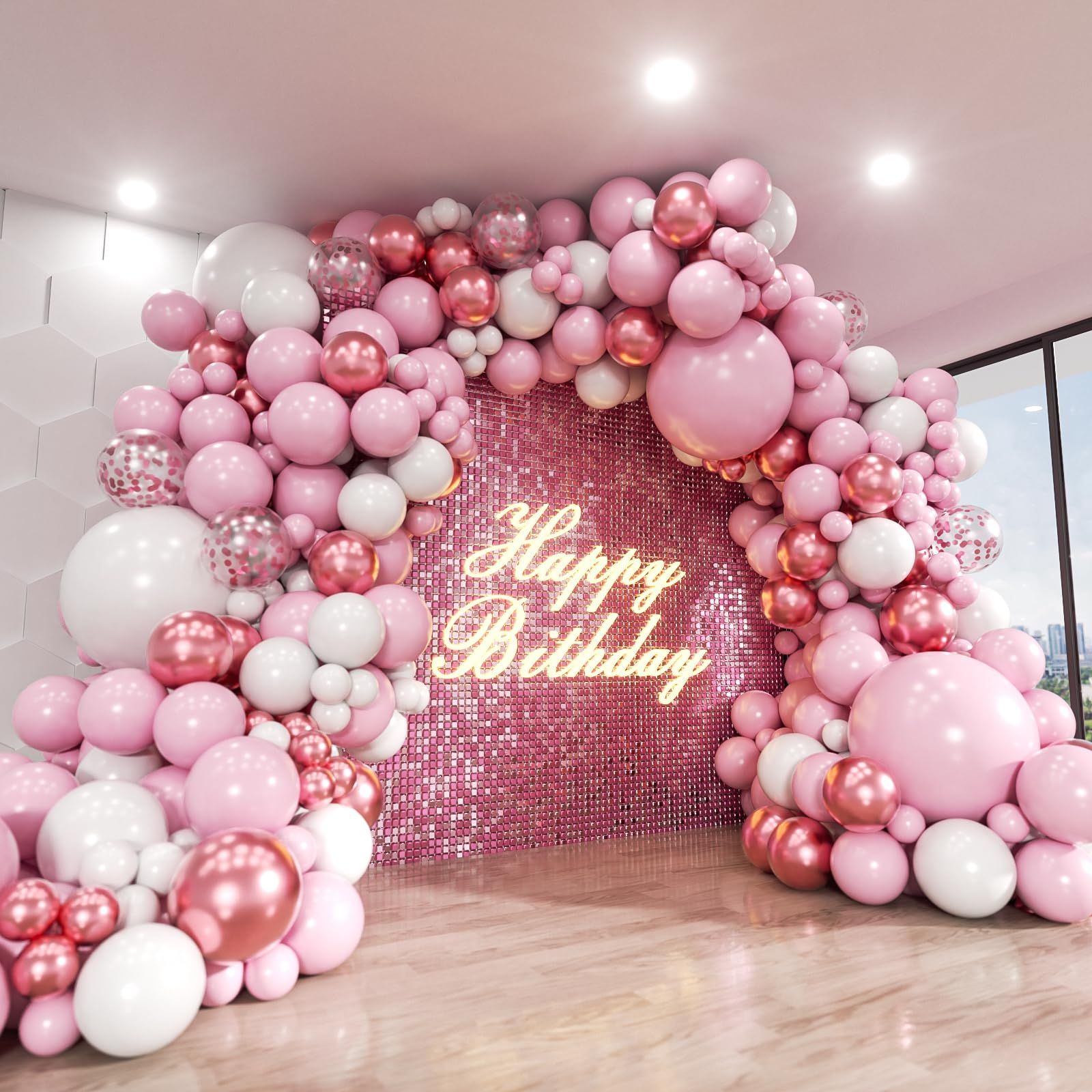 Pastel pink balloon garland arch for birthday party