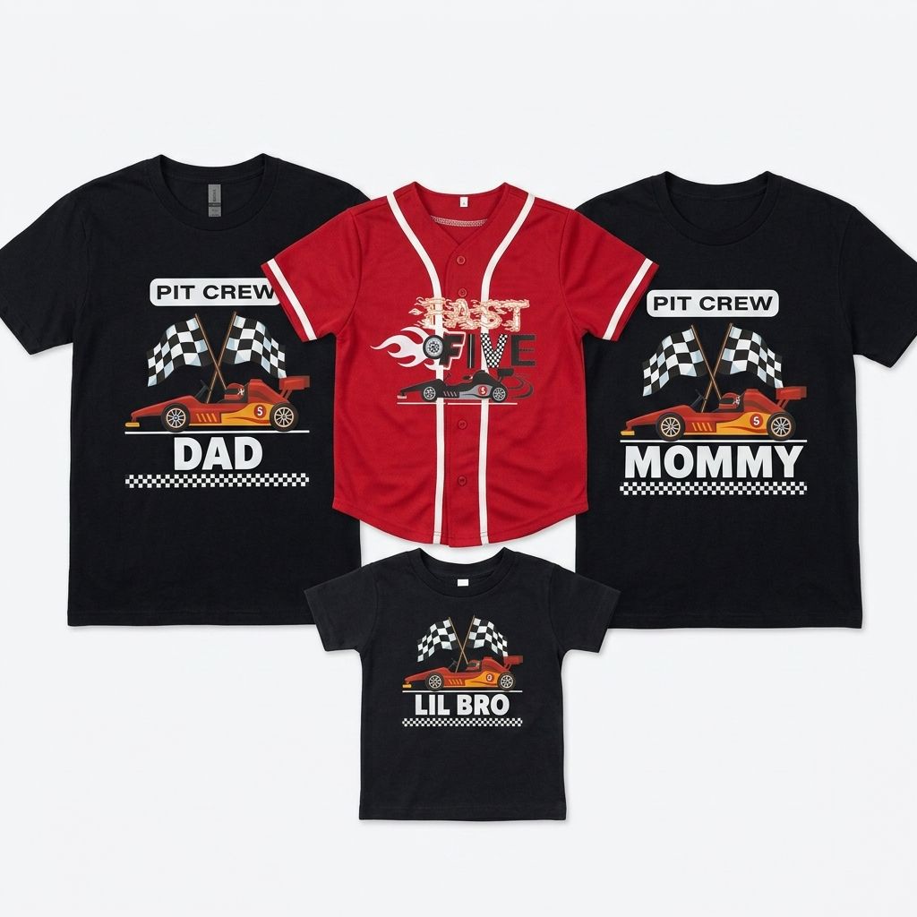 Custom family matching event t-shirts — racing theme with Pit Crew Dad, Mommy, Lil Bro and Fast Five birthday jersey by CSCIMPRINTS