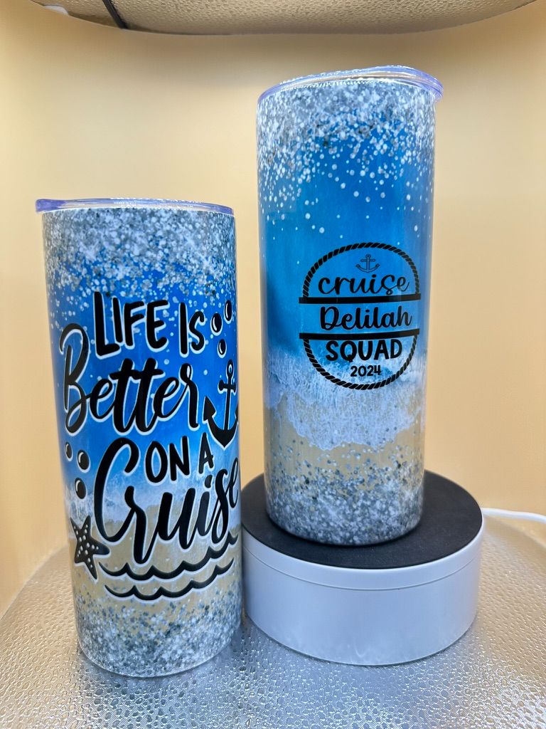 Custom personalized tumblers — ocean-themed 'Life is Better on a Cruise' and 'Cruise Squad 2024' designs by CSCIMPRINTS